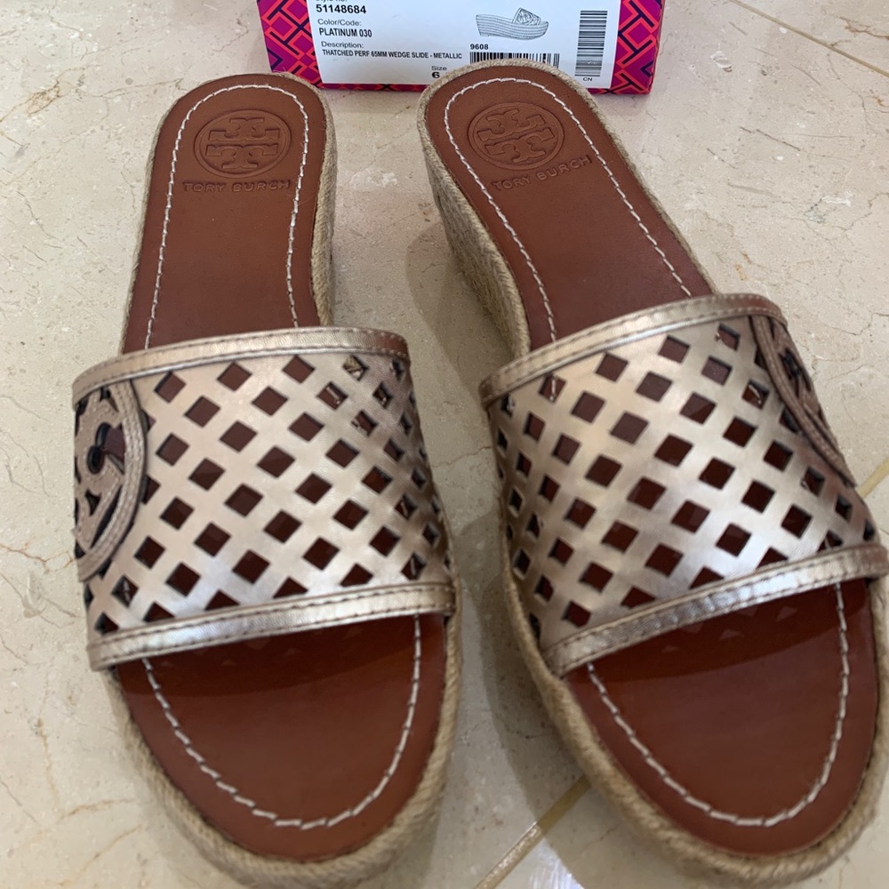 Tory Burch platinum wedge slide